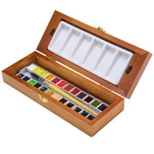 Wooden Professional Watercolor Paint Set Pigmented Transparent 24 Water Colors Mixing Palette Art Supplies
